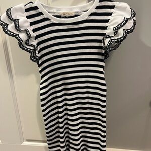 Shop Stevie Black and White Striped Tee with Ruffled Shoulders